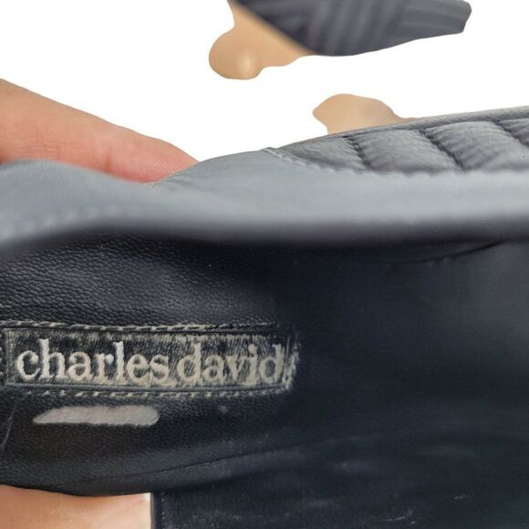 Charles David Leather Stiletto Heels 8‎ Black Peep Toe Sling Back Quilted Moto - Picture 10 of 12